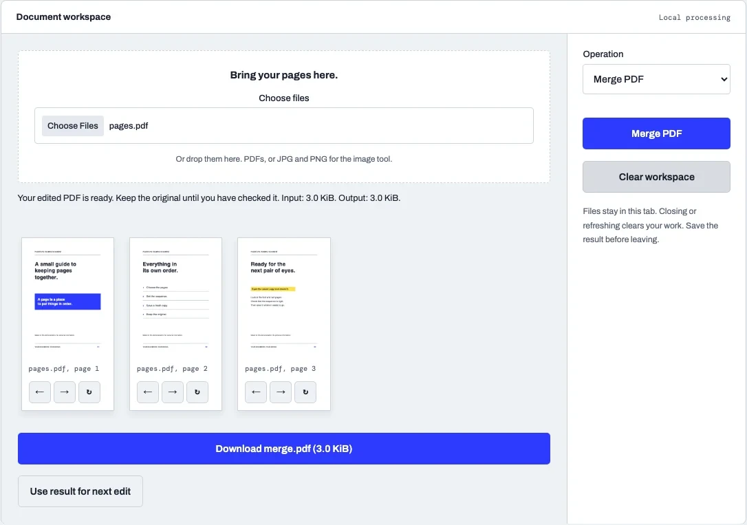 The actual Pagestays workspace with a synthetic example PDF, page thumbnails, move controls, and a completed download.